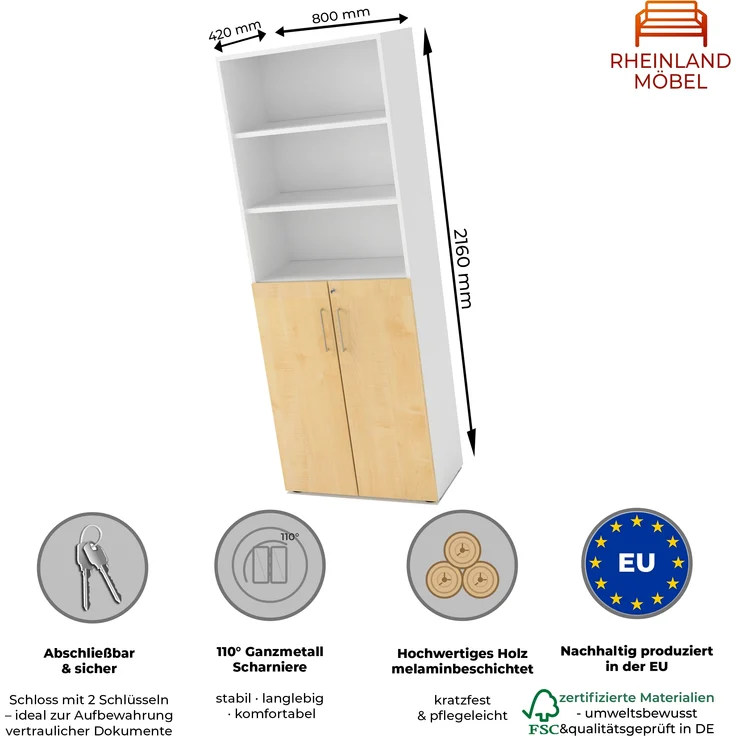 Rheinland Möbel Flügeltürenschrank Cabino 80×42×216 cm – abschließbarer Aktenschrank 3OH mit Regalaufsatz 3OH in Weiß/Ahorn mit 110° Drehtüren & Metallgriff – Bild 2