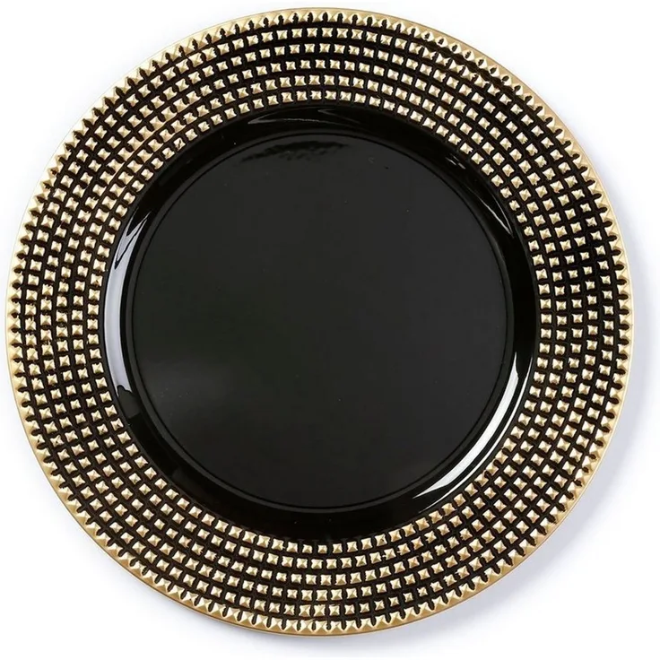 Holly & Jolly Dekoteller, Dekoteller Kunststoff mit Nieten am Rand 33cm schwarz / Gold