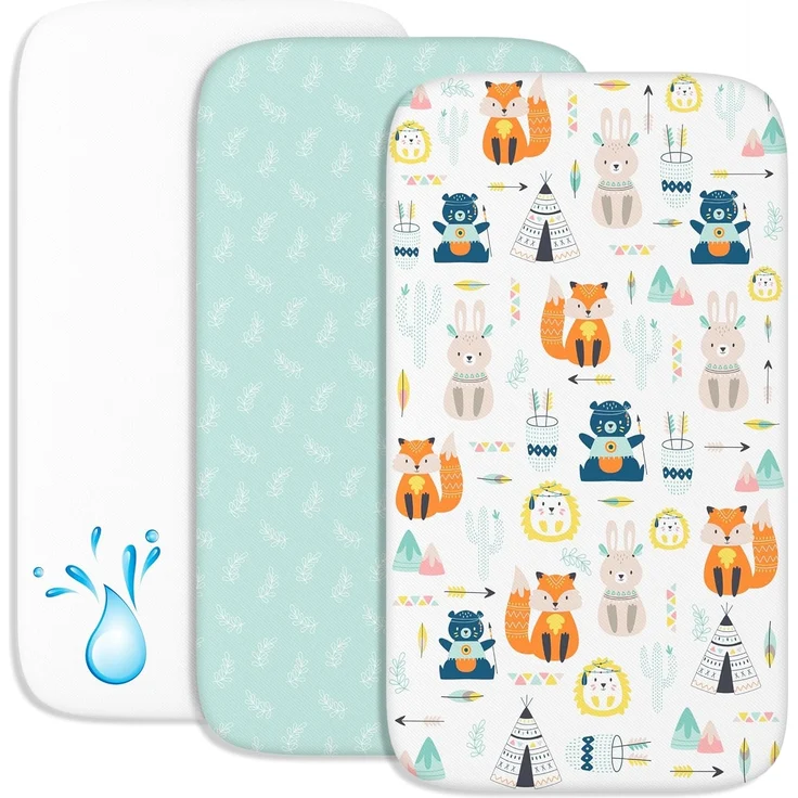 2X Spannbettlaken aus 100% Baumwolle mit Gummiband - 1X Matratzenschoner aus 100% wasserdichtem Material - 3er-Set - 50x83 cm - Fuchs – Bild 1