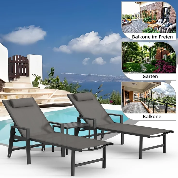 Mucola 2x Sonnenliege und Gartentisch Aluminium Gartenliege 200KG & Rollen wetterfest Teslin Klappliege Camping Terrassentisch – Bild 8
