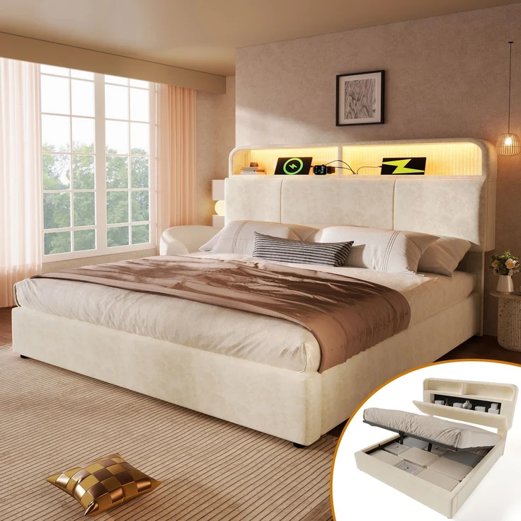 EINHOM Polsterbett Einzelbett 180 x 200 cm mit Höhenverstellbarem Stauraum-Kopfteil, Hydraulisches Bett mit LED-Beleuchtung & USB/Type-C Ladestation, Samt, Lattenrost, Beige (Ohne Matratze) – Bild 1