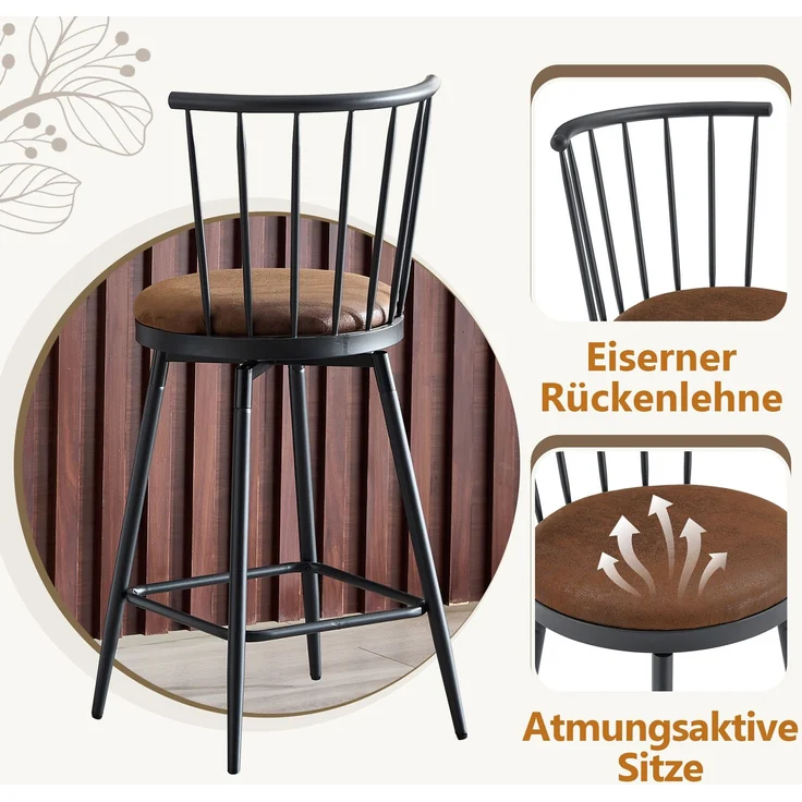 Moderner Metall-Barhocker im Windsor-Stil mit gepolstertem Sitz für Kücheninseln, Bars, Restaurants; Barhocker im Industrial-Stil in Barhöhe; Vintage- und Minimalismus-Stil--Braun1--39x39x96cm--YOUDENOVA – Bild 7