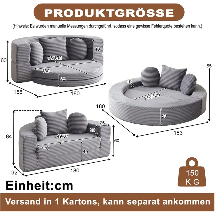 Schlafsofa aus Cord, 4-in-1 wandelbar zum runden Tagesbett, 180x183x55 cm, Grau – Bild 4