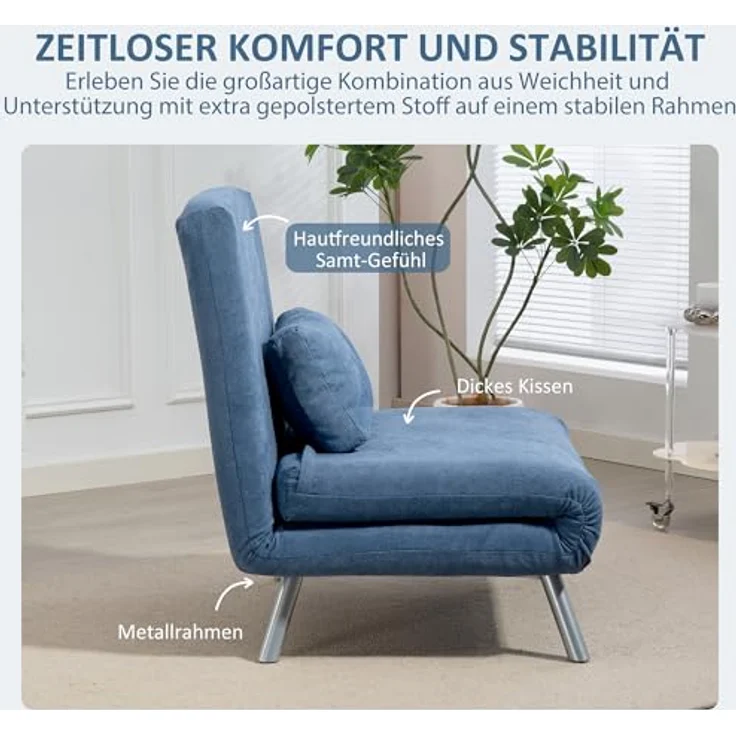 HOMCOM Schlafsofa mit verstellbarer Rückenlehne, abnehmbar Kissen, Samtoptik, 3-in-1 Schlafsessel 1 Teile, bis 120 kg, für Wohnzimmer, Schlafzimmer Blau – Bild 7