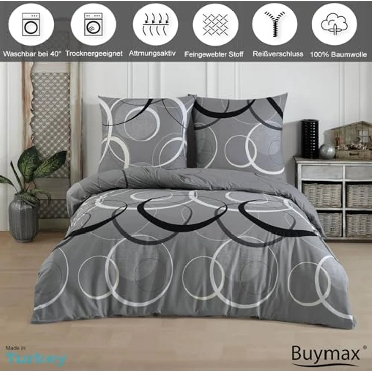 Buymax Bettwäsche Wave, Bettgarnitur, Bettbezug Set, Renforcé: 100% Baumwolle, 2 teilig, mit Reißverschluss, gemustert, Kreise, Grau, Schwarz, 155x220 cm – Bild 3
