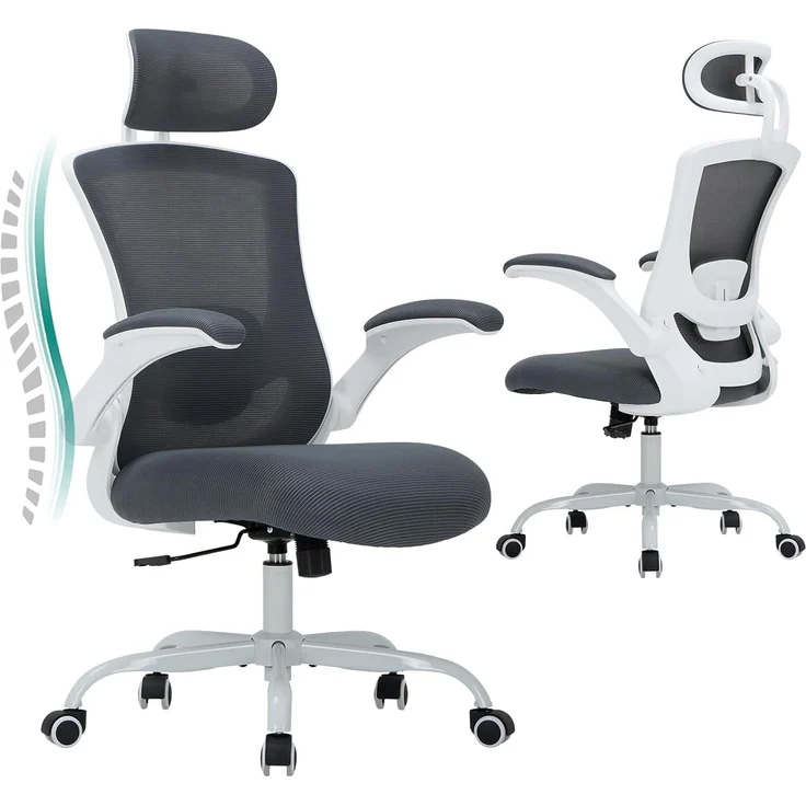 COLAMY Bürostuhl Ergonomisch, Netz-Schreibtischstuhl mit Verstellbarer Kopfstütze, Chefsessel Office Chair mit Lendenwirbelstütze, Verstellbarer Neigungsverschluss Drehstuhl, Grau – Bild 1
