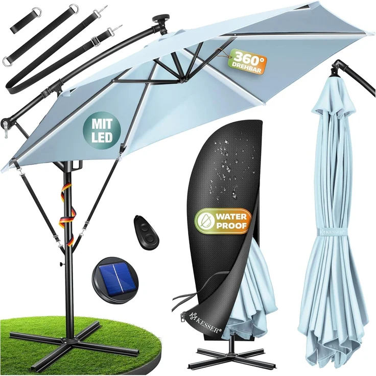 KESSER® Alu Ampelschirm LED Solar + Abdeckung mit Kurbelvorrichtung UV-Schutz Aluminium mit An-/Ausschalter Wasserabweisend - Sonnenschirm Schirm Gartenschirm 350cm, Hellblau – Bild 1