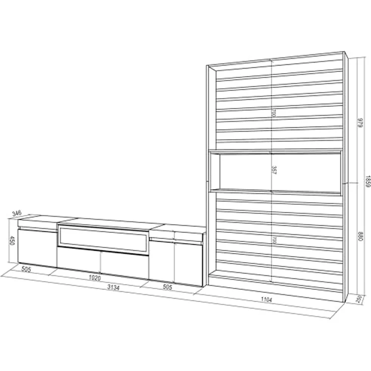 Skraut Home Wohnzimmermöbel für TV | Esstisch-Set | 210 x 186 x 35 cm | für Fernseher bis 80 Zoll | elektrischer Kamin | moderner Stil | Eiche und Schwarz – Bild 3
