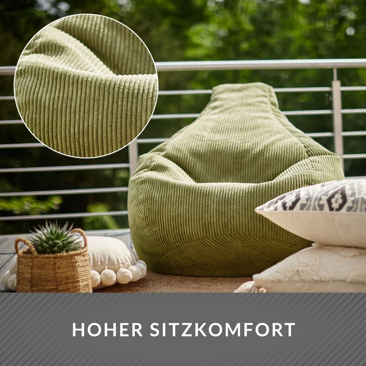 Green Bean® Sitzsack mit Rückenlehne 80x80x90cm - Gaming Chair mit 230L Füllung Cordstoff - Bean Bag Bodenkissen Lounge Sitzhocker Relax-Sessel Gamer Gamingstuhl Grün – Bild 5