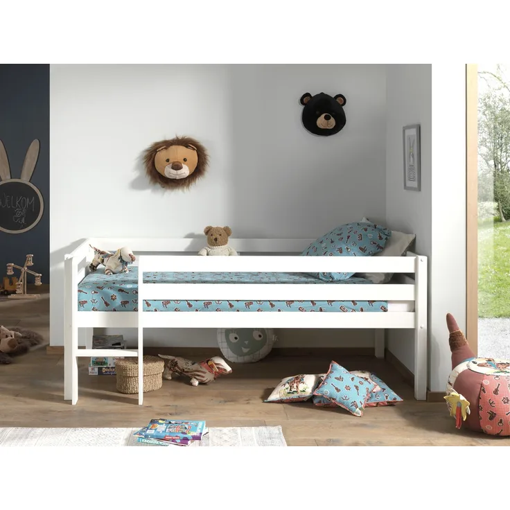 Kojen-Spielbett mit Liegefläche 90x200 cm, inkl. Leiter und Rolllattenrost, Kiefer massiv weiß lackiert