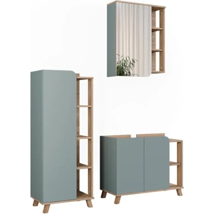 Vichy Badmöbel-Set Karen, 3-teilig mit Waschbeckenunterschrank und Spiegelschrank, Sonoma/Blau