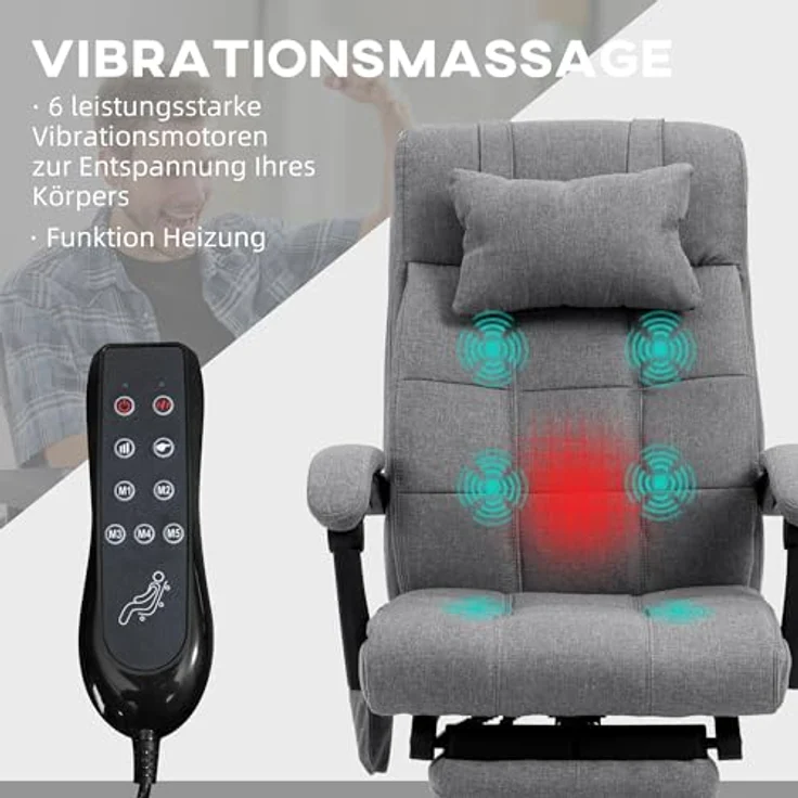 Vinsetto Bürostuhl mit Massagefunktion, Lendenheizung, Kopfstütze und 155°-Rückenlehne – Bild 4