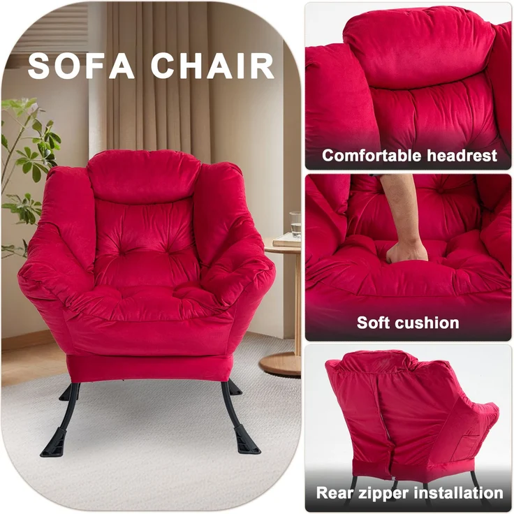 Wohnora-Lazy Chair, Relaxsessel mit Metallgestell und Seitentasche, schlichter, bequemer Sessel für Schlafzimmer, Wohnzimmer und Balkon, H 85 cm x T 75 cm x B 80 cm, Ziegelrot – Bild 1