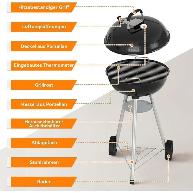 Aoxun Holzkohlegrill, 47cm Kugelgrill mit Thermometer und regulierbarer Luftzufuhr, kratzfeste, emaillierte Grillschale, Ascheauffangbehälter, Rollen und Ablage, für Garten, und Outdoor, schwarz – Bild 6
