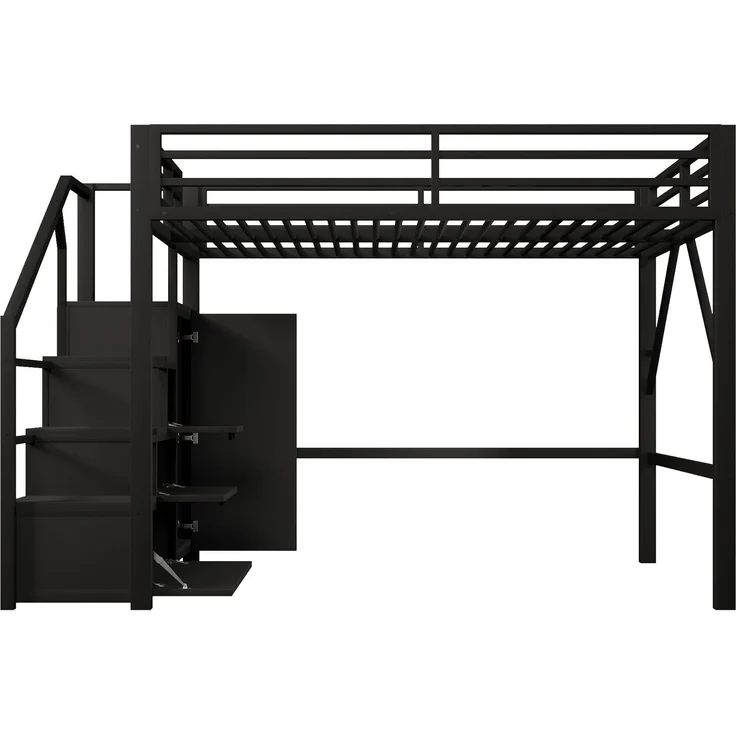 U-life Metall-Hochbett 140x200 cm mit Staufächern, Kleiderschrank, Treppe und LED-Beleuchtung, Schwarz – Bild 9