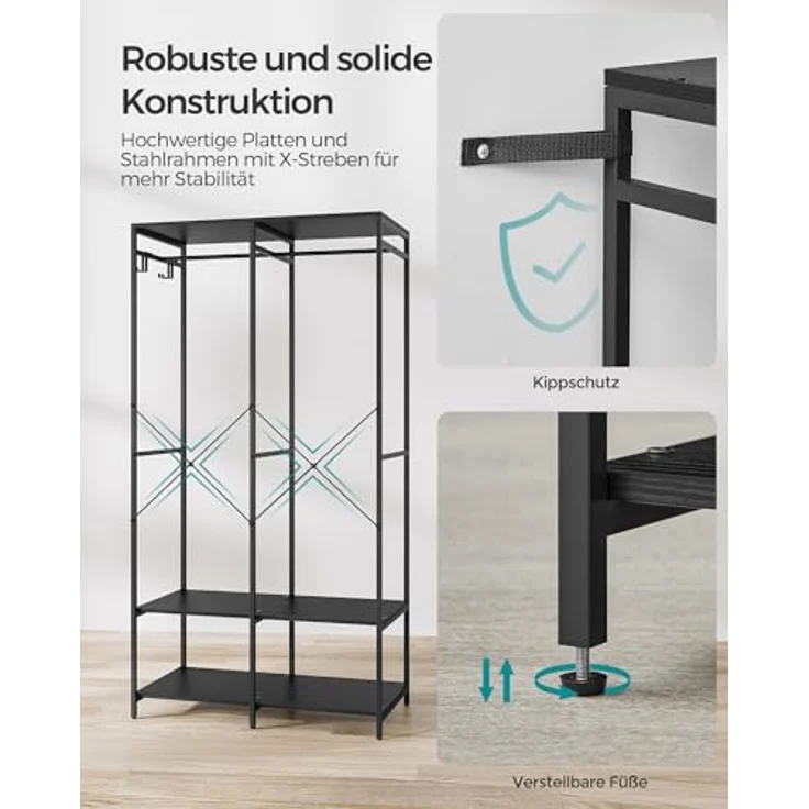 SONGMICS Kleiderschrank offen, Kleiderständer, Garderobenständer, Garderobe mit Kleiderstange, Ablagen, abnehmbare Haken, 40 x 94,5 x 180 cm, ebenholzschwarz RGR004B56 – Bild 6