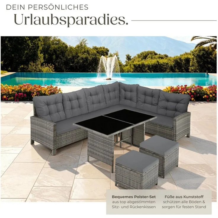 tectake Loungeset Rattan Sitzgruppe mit Sicherheitsglasplatten für 6 bis 8 Personen, (Gartenlounge-set Barletta, 6-tlg, 6-tlg. in Grau-meliert/Grau), widerstandsfähig und UV-beständig, dicke Rückenkissen – Bild 3