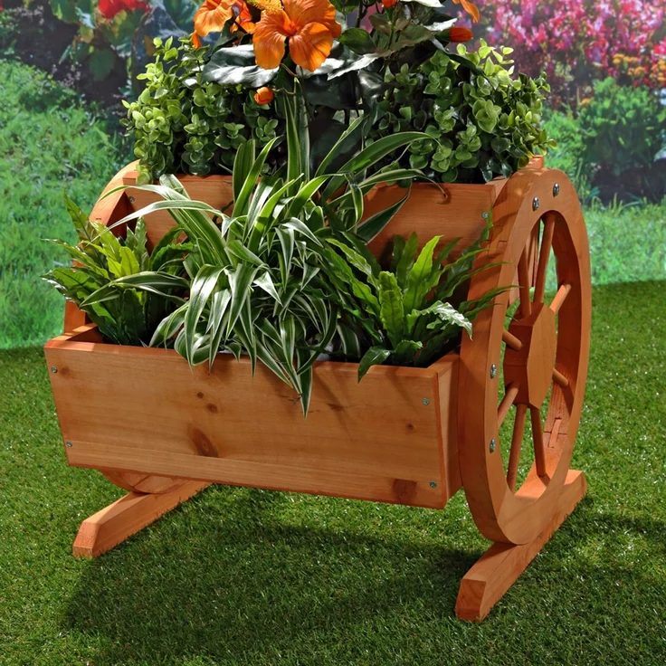 Pflanzkübel mit Wagenräder aus Holz Garten Dekoration Blumentrog Holzkasten – Bild 5