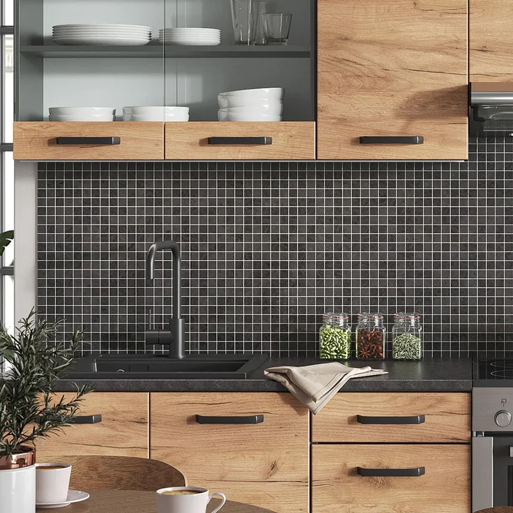 Küchenzeile Raul Goldkraft Eiche/Anthrazit 240 cm , AP Schwarz gemustert Vicco – Bild 5