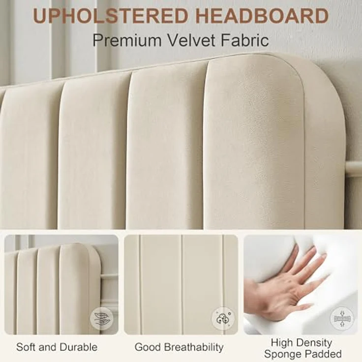 VECELO Polsterbett 140x200 cm, Doppelbett mit Höhenverstellbarem Kopfteil, Samtbezug und Stabiler Lattenrost, Geräuschfrei, Einfache Montage, für Schlafzimmer und Gästezimmer, Beige – Bild 5