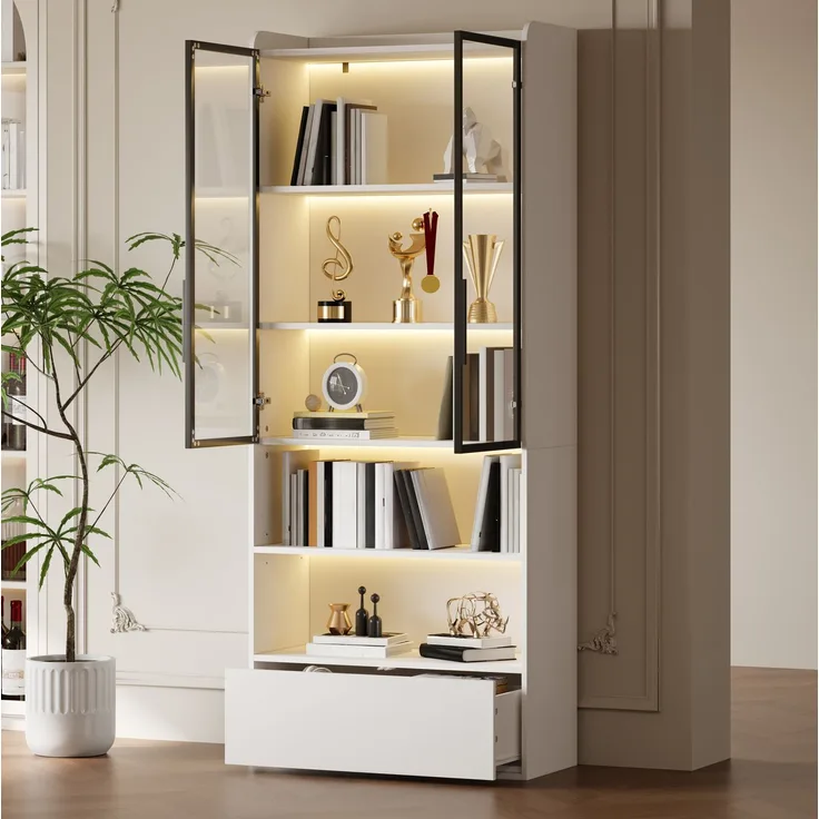 DESVIAE Vitrine mit LED-Beleuchtung und Schublade, MDF und Glas, Weiß, 80x180x34 cm