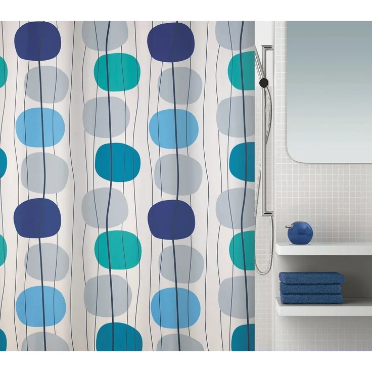spirella Duschvorhang MOBILE Breite 180 cm, Premium Textil-Duschvorhang, 100% Polyester, wasserabweisend, Anti-Schimmel-Effekt, waschbar 30°, Motiv bunte Kreise, Farbe blau, Größe 180 x 200 cm – Bild 1