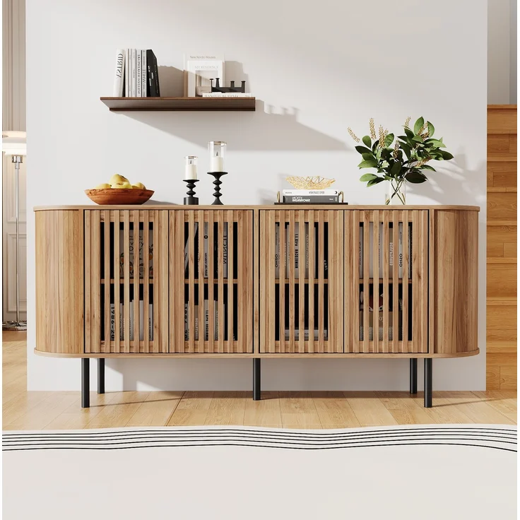 DESVIAE Sideboard Naturholzfarbe aus MDF – 160x70x40 cm – 4 perforierte Schiebetüren – Bild 2