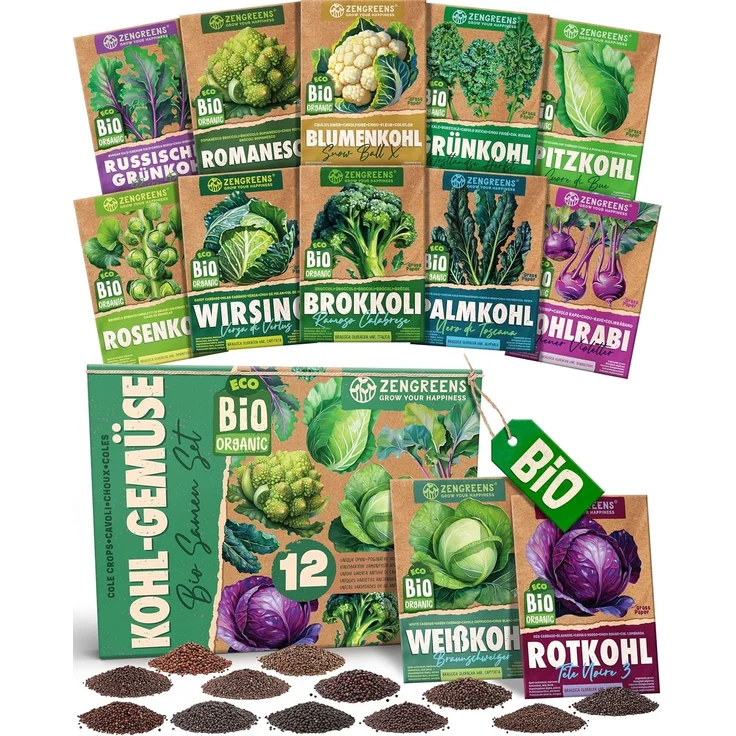 ZenGreens® - Bio Kohlgemüsesamen im 12er Set - 12 Kohl Gemüse Samen für den einfachen Anbau im Garten, Balkon oder Hochbeet - Pflanzensamen - Saatgut – Bild 1