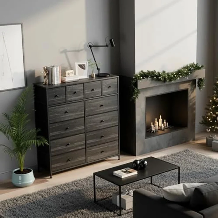 Clevich Stoff-Kommode, Schminktisch Schrank, Aufbewahrungsschrank, 12 Schubladen aus Stoff, Metallrahmen, industrieller Stil, für Wohnzimmer, Flur, Schlafzimmer (Schwarz) – Bild 3