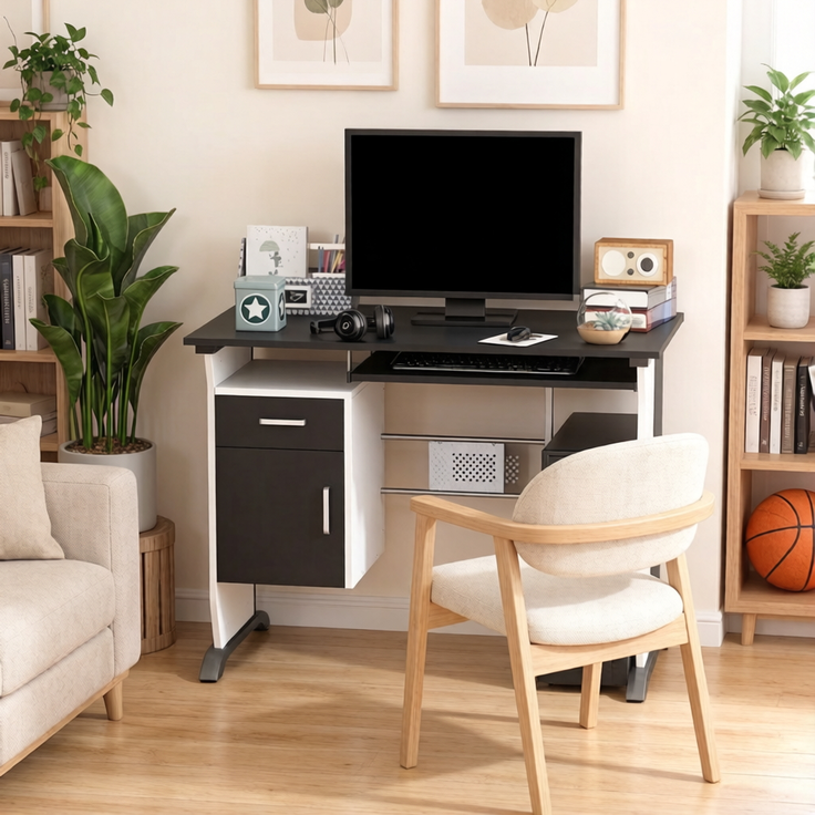 Computerschreibtisch mit Stauraum und Ausziehablage, 100x52x75 cm, Schwarz/Weiß/Silber