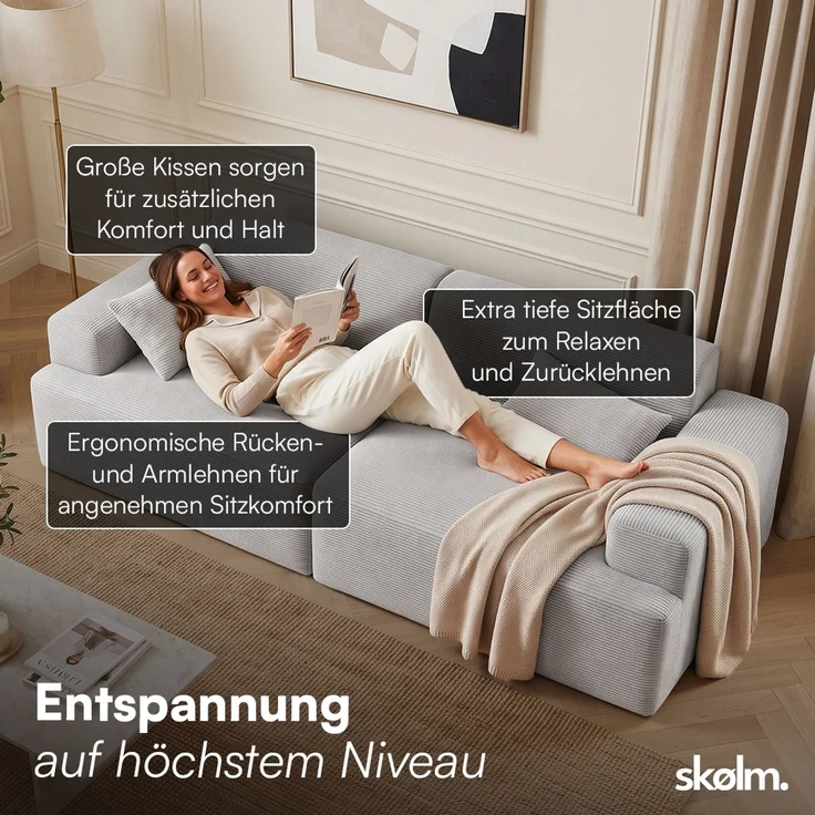 skølm 'Freki' Cloud Sofa 2 Sitzer, Vollschaumcouch mit Federkern und Vakuum-Kompression, kein Aufbau erforderlich, mit 2 Kissen, Cord grau – Bild 6