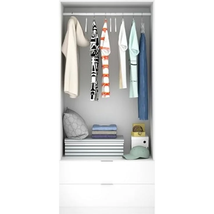 Dmora - Garderobe Burbank, Schlafzimmerschrank mit 2 Türen und 2 Schubladen, Schlafzimmermöbel mit Kleiderstange, cm 81x52h180, Weiß – Bild 5