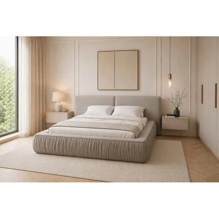 MOEBLO Polsterbett 08, modernes Designer-Doppelbett aus Riviera Velours mit gepolstertem Kopfteil und großem Bettkasten mit Gaslift, Cappuccino, 180x200 cm