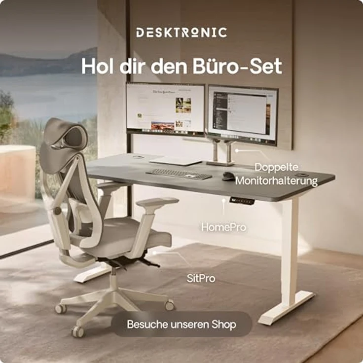 Höhenverstellbarer Schreibtisch - Höhenverstellbar Elektrisch mit Flüsterleisem Dual-Motor & Touchscreen - Hohe Tragfähigkeit - Stehtisch von Desktronic, Weiß + Grau, 140x70 cm – Bild 9