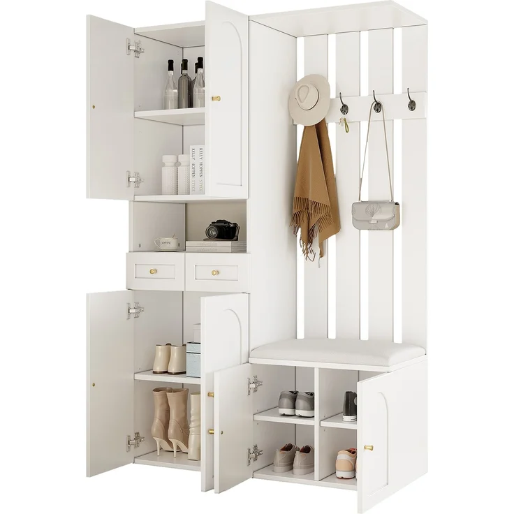 Flurbank Schuhschrank mit Haken und 2 Schubladen Flurmöbel Aufbewahrung Weiß Modern Eingangsbereich – Bild 8