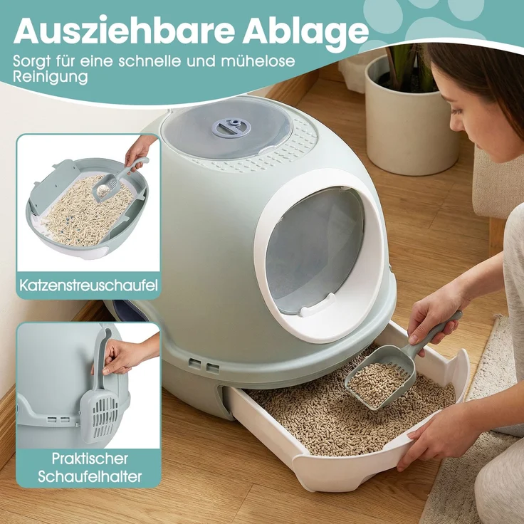 Katzenklo mit Deckel & Ausziehbarem Tablett & Schaufel & Frontöffnung Katzentoilette Blau SH639 – Bild 3