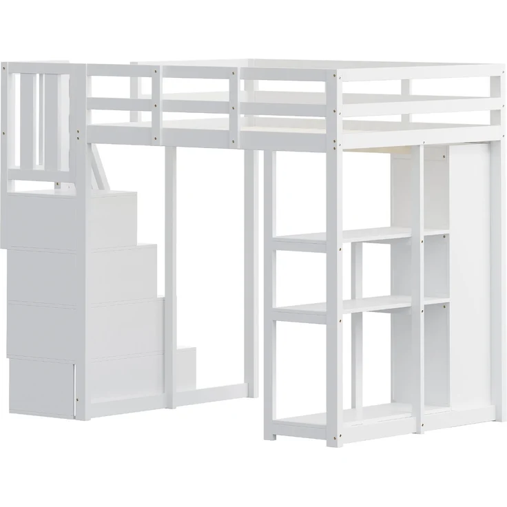 Kinder Hochbett aus Massivholz 140x200 cm mit Sicherheitsleiter, Schubladen & Regal – Stauraumbett, Jugendzimmer,weiß – Bild 9