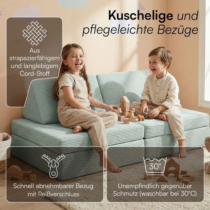 Bellabino 'Nile' Spielsofa mini, 4-tlg, Cord, türkis, faltbare Kindercouch, abnehmbarer & waschbarer Bezug, Kleinkindsofa aus Schaumstoff, bis 6 Jahre, Oeko-Tex zertifiziert – Bild 6