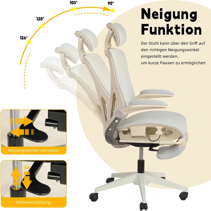 Klappbarer ergonomischer Bürostuhl, kleiner Platz-Klappstuhl mit Taillenstütze, Ganznetzschiebekissen, klappbare Armlehnen, 3D-Kopfstützen und Bürostuhl mit Arbeitspedalen,grau--Herde--129x48.5x62cm--YOUDENOVA – Bild 4