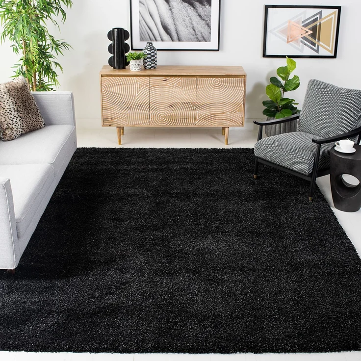SAFAVIEH Zottelig Teppich für Wohnzimmer, Esszimmer, Schlafzimmer - California Shag Collection, Hoher Flor, Schwarz, 201 X 201 cm