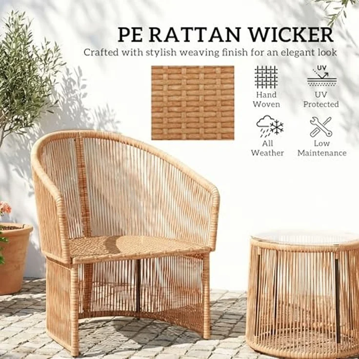 Outsunny Sitzgruppe Rattan-Bistro-Set, (Set, 3-tlg, 1 Tisch, 2 Sessel), Rattan-Bistro-Set mit Kissen – Bild 4