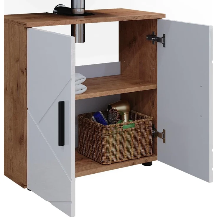 Badmöbel-Set Irma Weiß Hochglanz/Goldkraft Eiche 3 Teile, mit Hochschrank Vicco – Bild 6