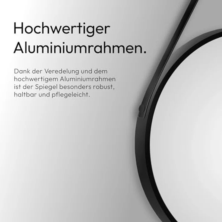 Talos Talos Black Style, runder Badspiegel Ø 50 cm in matt schwarz mit Aluminiumrahmen und Lederoptik-Band, feuchtraumgeeignet, einfache Montage – Bild 5