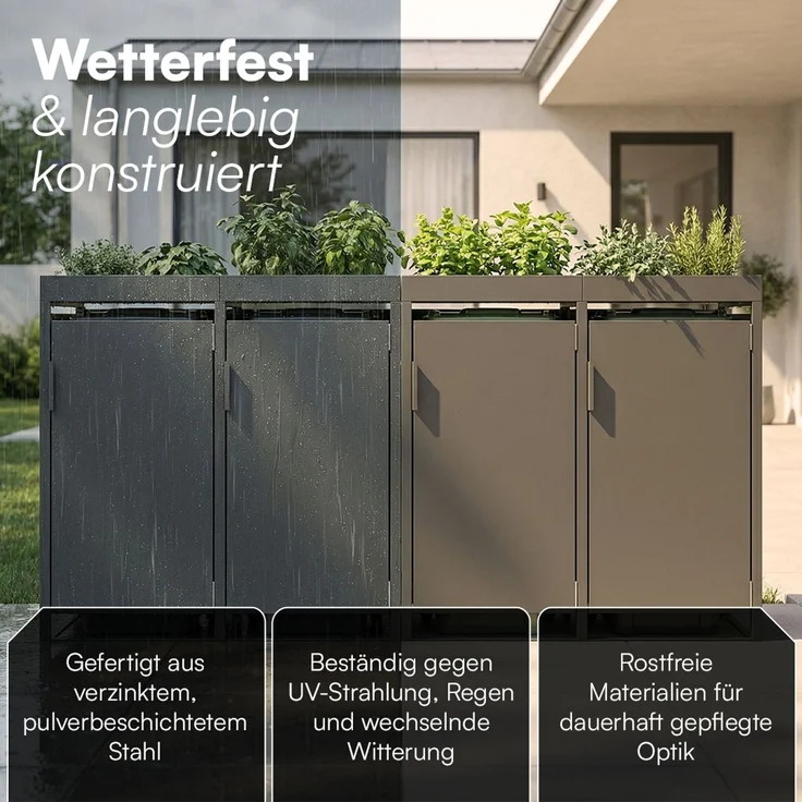 STEELSØN 'Thoria' Mülltonnenbox 4er je 120 Liter, anthrazit, Mülltonnenverkleidung aus Stahl, wetterfest, 111x62x234 cm, Müllbox mit Pflanzendach für 4 Tonnen – Bild 4