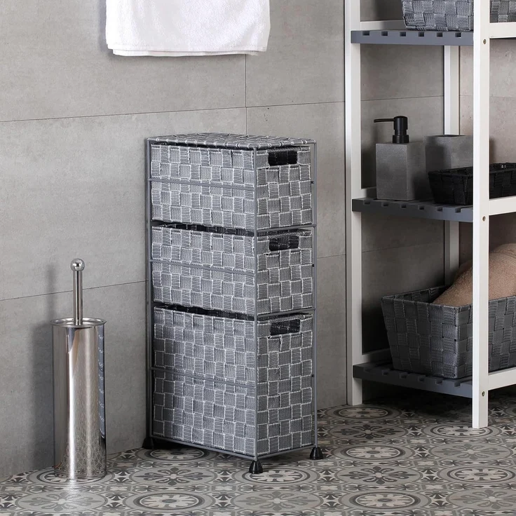 Versa Nilo Zusatzmöbel für das Badezimmer, Badezimmerregal mit 3 Aufbewahrungskörben, Maße (H x L x B) 57 x 15,5 x 28 cm, Texturierter Kunststoff, Grau – Bild 2
