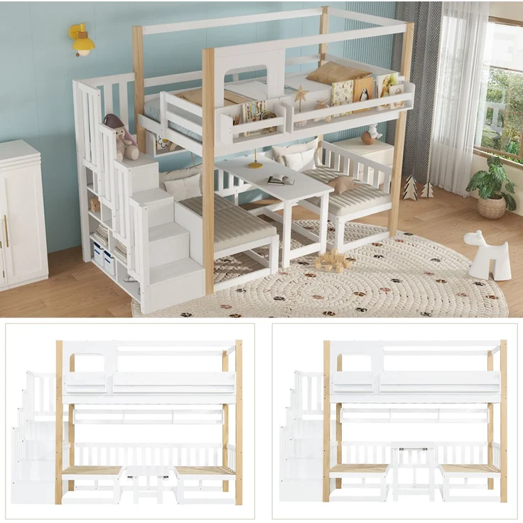 Merax Etagenbett, 90x200cm Kinderbett, Multifunktionaler höhenverstellbarer Tisch, mit einem kleinen Bücherregal am Bettrand, Stabile Aufbewahrungstreppe, Weiß+Natur – Bild 3