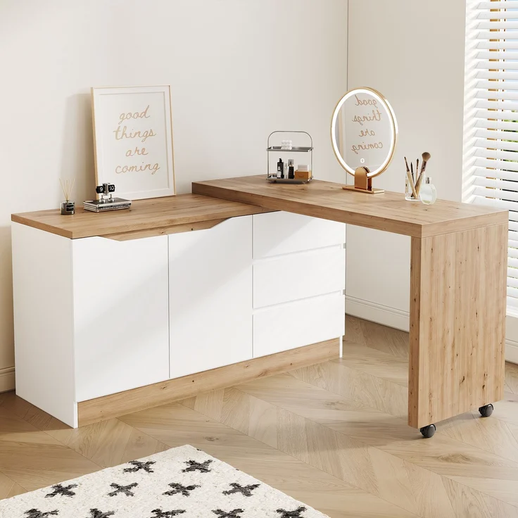 ZUBALIYA Schreibtisch mit feststellbaren Rollen – multifunktionales Design, 4 cm dickere, drehbare Tischplatte, fest arretierbar, weiß/Eiche, Faltbarer Schreibtisch, Eckschreibtisch, Sideboard,Dicke Materialie – Modell N880P4642134O – Bild 3