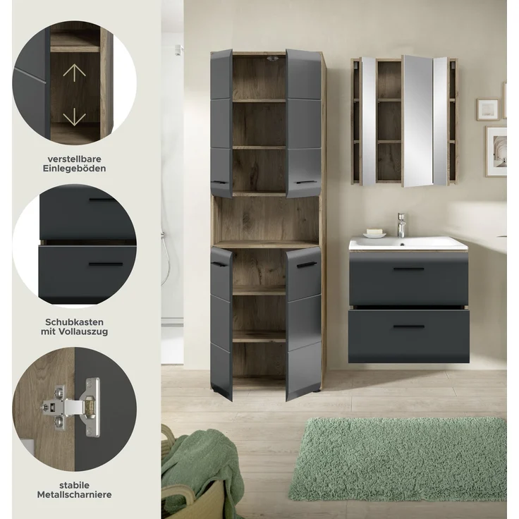 Badkombination (B/H/T: 135x185x46 cm) in schwarz matt und Nox Oak Nachbildung – Bild 7