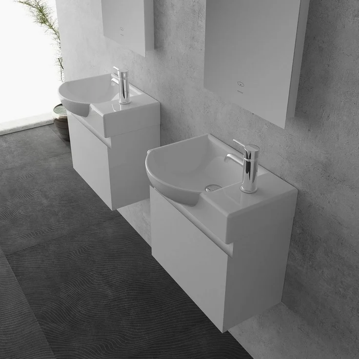 Alpenberger Badmöbel-Set - Gäste WC Waschbecken mit Unterschrank 45 cm Breit, (Badschrank 2-tlg, Waschtisch hängend), Waschbeckenunterschrank mit Softclose - Weiss - Links Becken – Bild 2