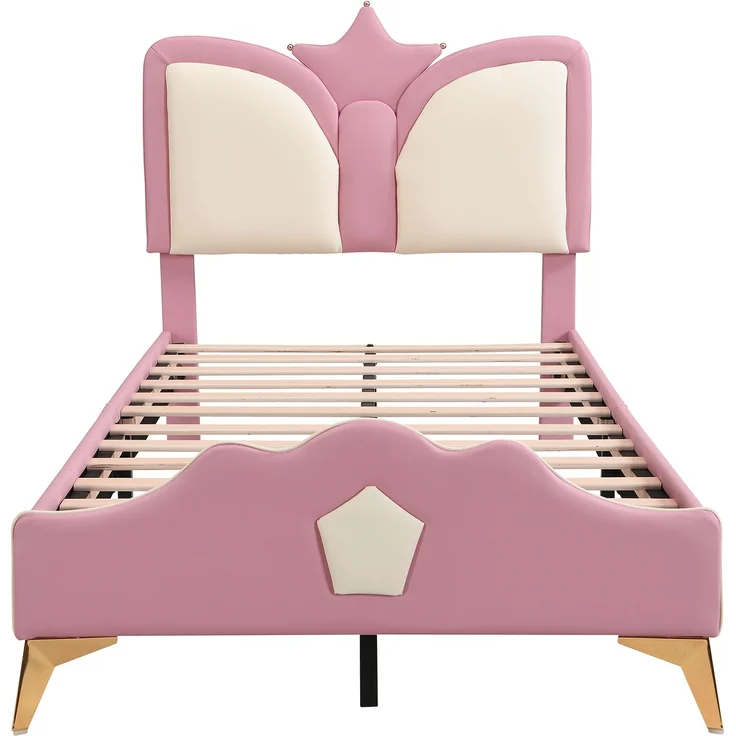 Merax Polsterbett, 90 x 200cm Einzelbett, Kinderbett, Kopfteil mit Kronenform, Weiche Antikollisions-Schwammkante und Kopfteil, Rosa+Weiß – Bild 8